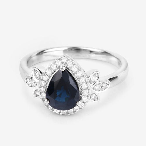 Anillo de oro blanco de 14K con zafiro azul genuino de 1,54 quilates y diamantes blancos