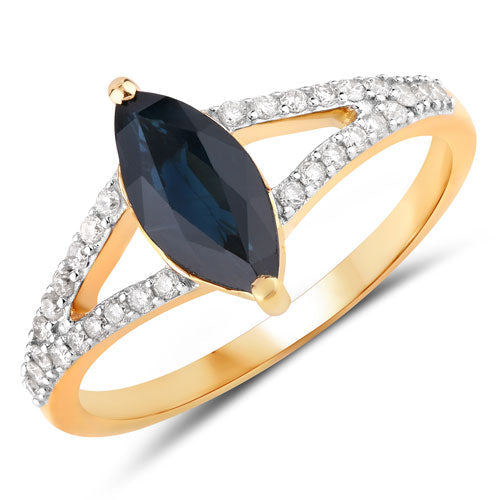 Anillo de oro amarillo de 14 quilates con zafiro azul auténtico de 1,50 quilates y diamantes blancos