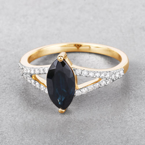 Anillo de oro amarillo de 14 quilates con zafiro azul auténtico de 1,50 quilates y diamantes blancos