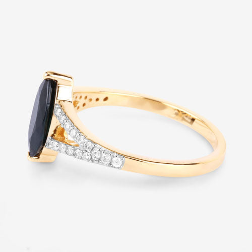Anillo de oro amarillo de 14 quilates con zafiro azul auténtico de 1,50 quilates y diamantes blancos