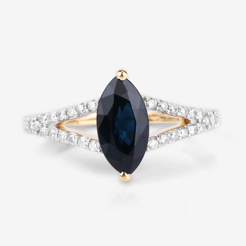 Anillo de oro amarillo de 14 quilates con zafiro azul auténtico de 1,50 quilates y diamantes blancos