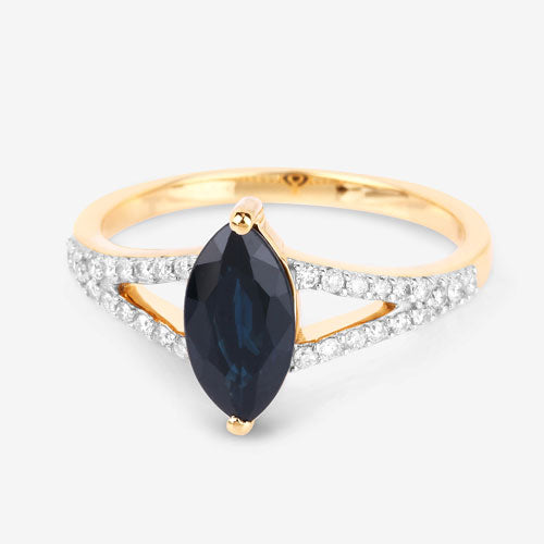 Anillo de oro amarillo de 14 quilates con zafiro azul auténtico de 1,50 quilates y diamantes blancos
