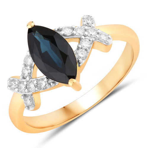 Anillo de oro amarillo de 14 quilates con zafiro azul auténtico de 1,50 quilates y diamantes blancos