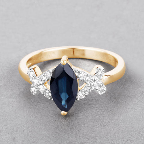 Anillo de oro amarillo de 14 quilates con zafiro azul auténtico de 1,50 quilates y diamantes blancos