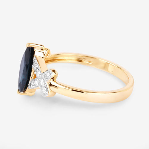 Anillo de oro amarillo de 14 quilates con zafiro azul auténtico de 1,50 quilates y diamantes blancos