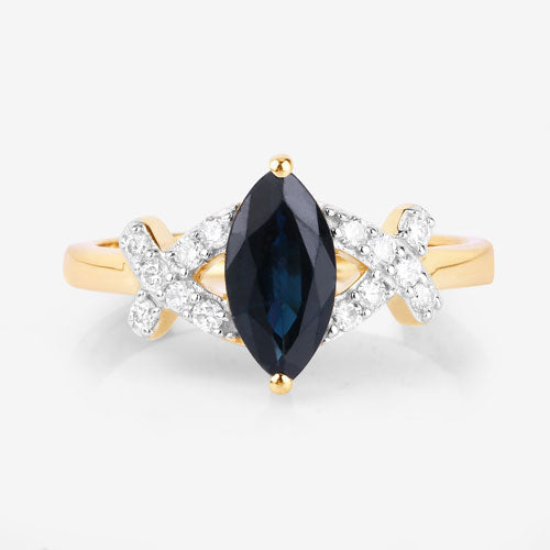 Anillo de oro amarillo de 14 quilates con zafiro azul auténtico de 1,50 quilates y diamantes blancos