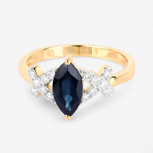 Anillo de oro amarillo de 14 quilates con zafiro azul auténtico de 1,50 quilates y diamantes blancos