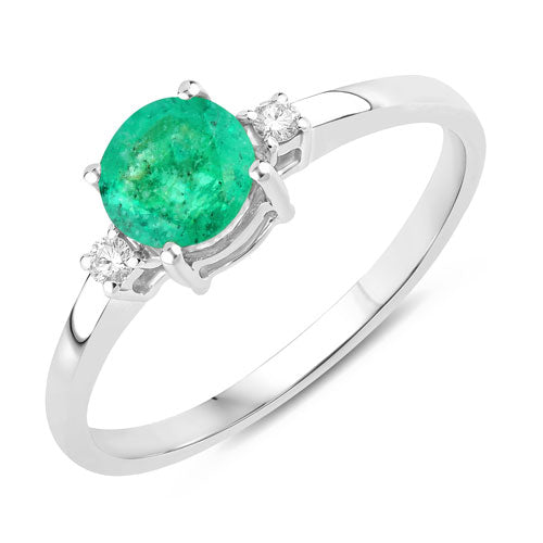 Anillo de oro blanco de 14K con esmeralda zambiana auténtica de 0,71 quilates y diamantes blancos