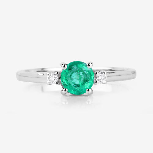 Anillo de oro blanco de 14K con esmeralda zambiana auténtica de 0,71 quilates y diamantes blancos