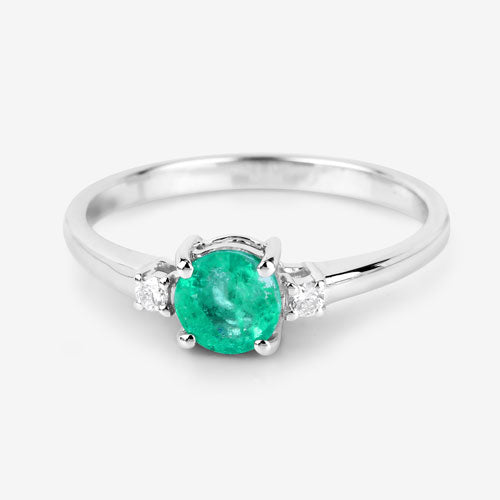 Anillo de oro blanco de 14K con esmeralda zambiana auténtica de 0,71 quilates y diamantes blancos