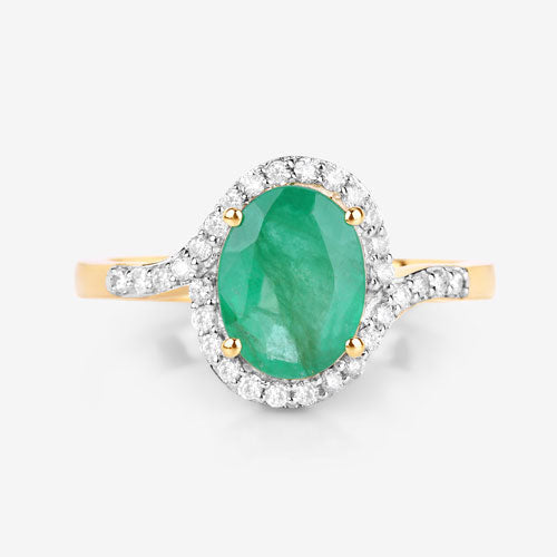 Anillo de oro amarillo de 14K con esmeralda zambiana auténtica de 1.92 quilates y diamantes blancos