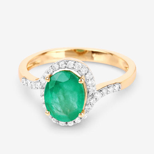 Anillo de oro amarillo de 14K con esmeralda zambiana auténtica de 1.92 quilates y diamantes blancos