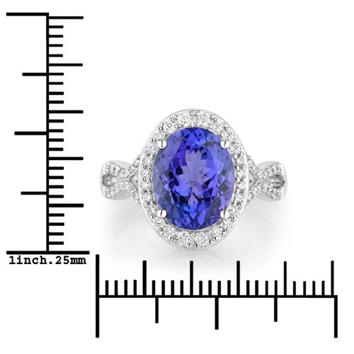 Anillo de tanzanita auténtica de 4,12 quilates y diamantes blancos en oro blanco de 14K