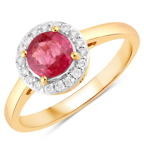 Anillo de oro amarillo de 14 quilates con rubí auténtico de 1,12 quilates y diamantes blancos