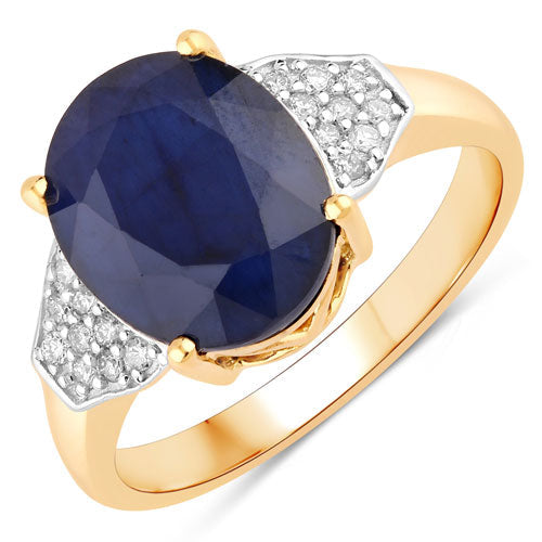 Anillo de 14K Oro Amarillo con Zafiro Azul Genuino de 4.46 Quilates y Diamantes Blancos