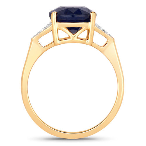 Anillo de 14K Oro Amarillo con Zafiro Azul Genuino de 4.46 Quilates y Diamantes Blancos