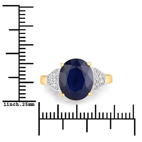 Anillo de 14K Oro Amarillo con Zafiro Azul Genuino de 4.46 Quilates y Diamantes Blancos