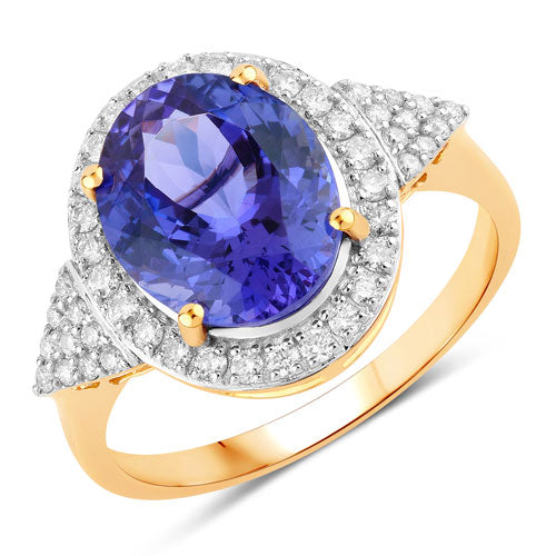 Anillo de oro amarillo de 14K con tanzanita genuina de 4,13 quilates y diamantes blancos