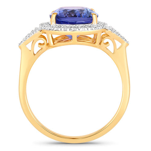 Anillo de oro amarillo de 14K con tanzanita genuina de 4,13 quilates y diamantes blancos