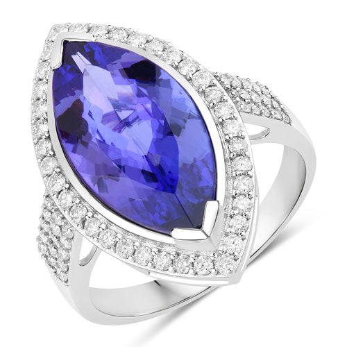 Anillo de oro blanco de 14 quilates con tanzanita genuina de 5,57 quilates y diamantes blancos
