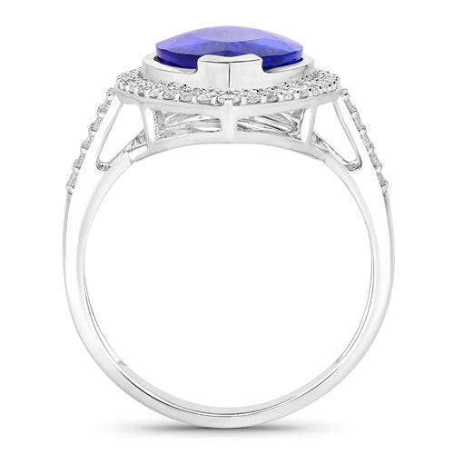 Anillo de oro blanco de 14 quilates con tanzanita genuina de 5,57 quilates y diamantes blancos