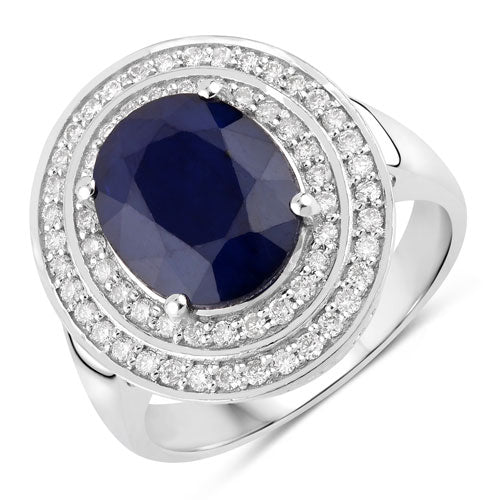 Anillo de oro blanco de 14K con zafiro azul genuino de 4.82 quilates y diamantes blancos