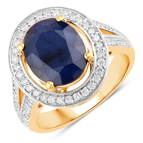 Anillo de 14 quilates de oro amarillo con zafiro azul natural de 4,74 quilates y diamantes blancos