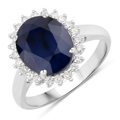 Anillo de oro blanco de 14K con zafiro azul auténtico de 4,63 quilates y diamantes blancos