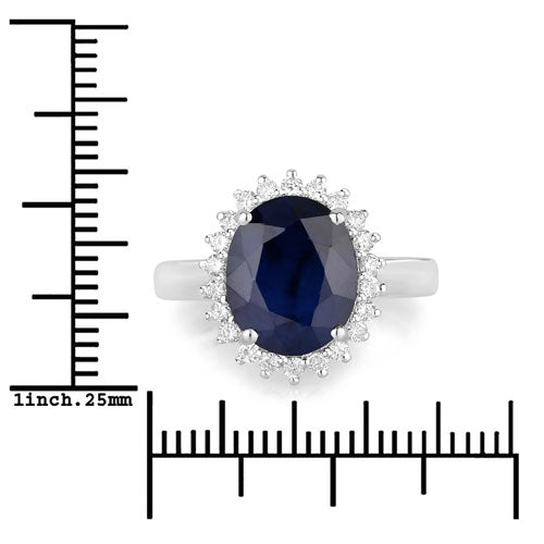 Anillo de oro blanco de 14K con zafiro azul auténtico de 4,63 quilates y diamantes blancos