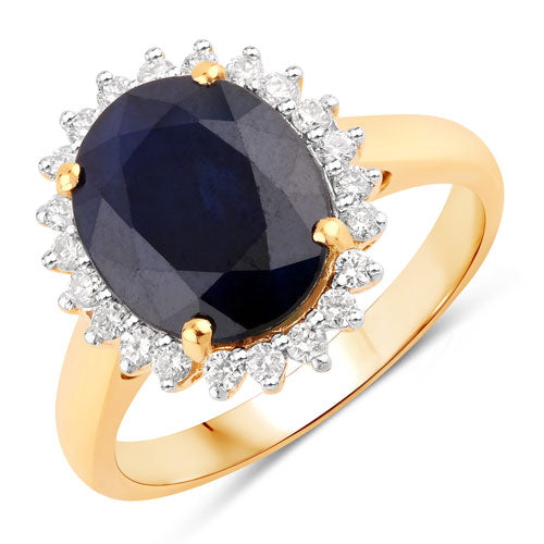Anillo de oro amarillo de 14K con zafiro azul auténtico de 4.63 quilates y diamante blanco