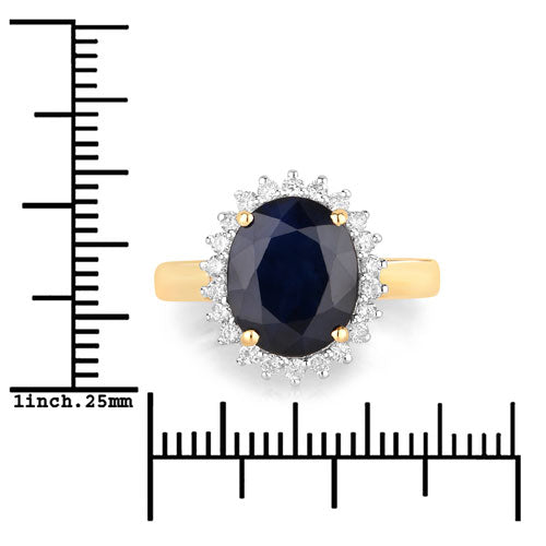 Anillo de oro amarillo de 14K con zafiro azul auténtico de 4.63 quilates y diamante blanco