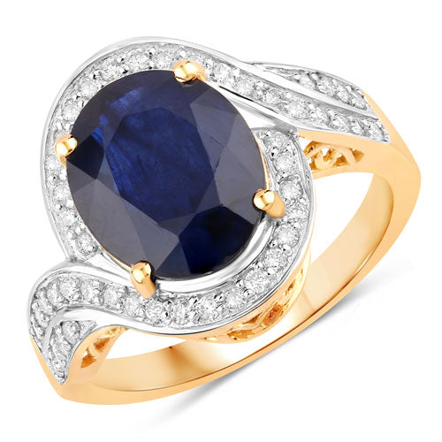 Anillo de oro amarillo de 14 quilates con zafiro azul genuino de 4,69 quilates y diamantes blancos