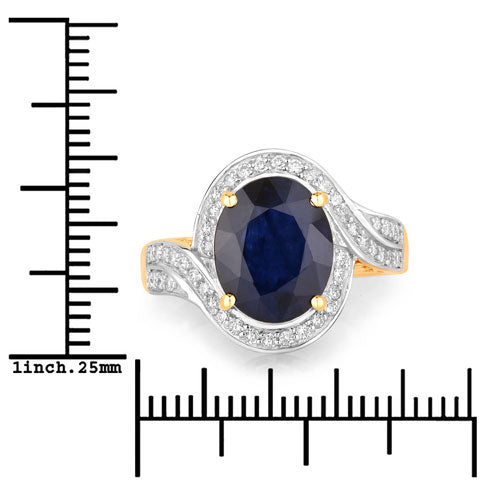 Anillo de oro amarillo de 14 quilates con zafiro azul genuino de 4,69 quilates y diamantes blancos