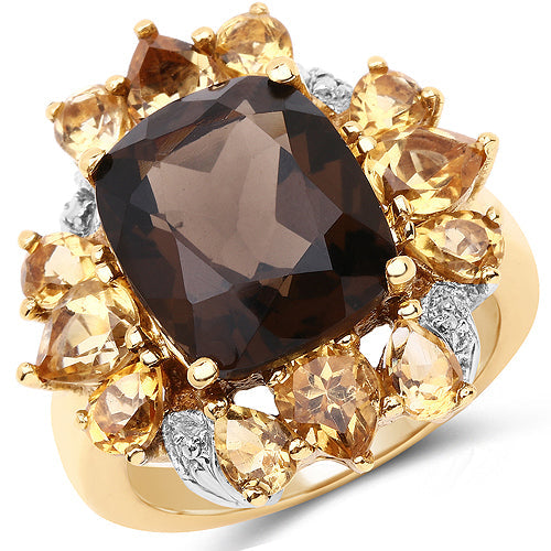 Anillo de latón chapado en oro amarillo de 14 quilates con cuarzo ahumado, citrino y topacio blanco genuinos de 7,10 quilates