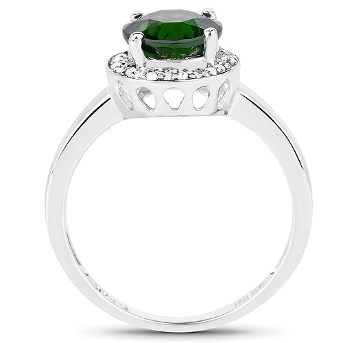 Anillo de plata de ley .925 con diópsido de cromo auténtico de 1,92 quilates y topacio blanco
