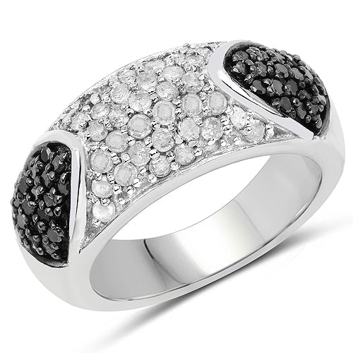 Anillo de Plata Fina .925 con Diamantes Genuinos Negros y Blancos de 0.99 Quilates