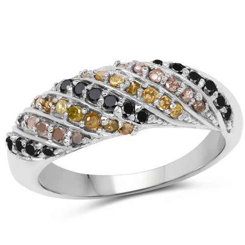 Anillo de Plata de ley .925 con Diamantes Genuinos de Champaña, Amarillos y Negros de 0.63 Quilates