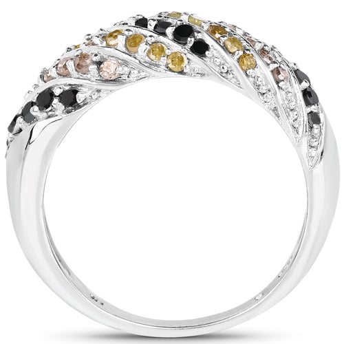 Anillo de Plata de ley .925 con Diamantes Genuinos de Champaña, Amarillos y Negros de 0.63 Quilates