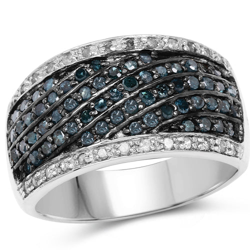 Anillo de Plata de ley .925 con Diamante Azul Genuino de 0.80 Quilates y Diamantes Blancos