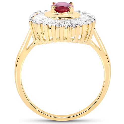 Anillo de plata de ley .925 con rubí con relleno de vidrio de 2,44 quilates y topacio blanco, chapado en oro amarillo de 14K