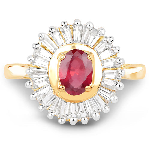 Anillo de plata de ley .925 con rubí con relleno de vidrio de 2,44 quilates y topacio blanco, chapado en oro amarillo de 14K