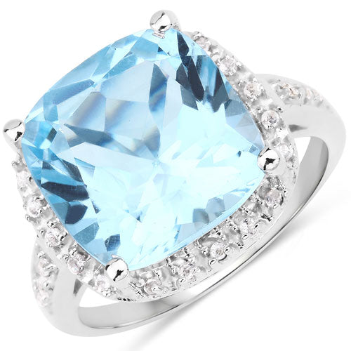 Anillo de plata de ley .925 con topacio azul genuino de 7.18 quilates y topacio blanco