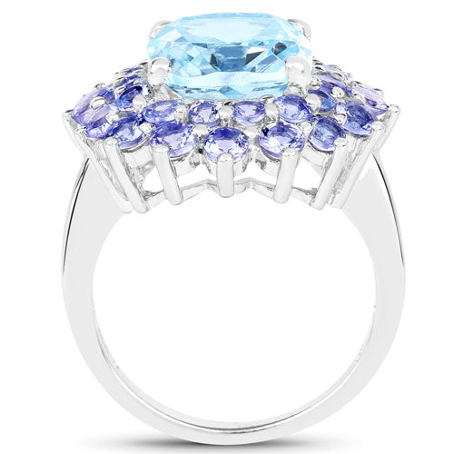 Anillo de plata de ley .925 con topacio azul genuino y tanzanita de 11,22 quilates