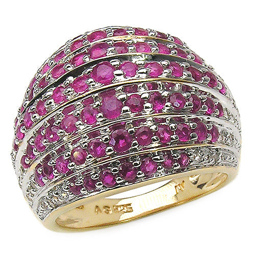 Anillo de plata de ley .925 con rubí genuino de 2,94 quilates y topacio blanco con baño de oro amarillo de 14 quilates