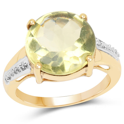 Anillo de latón con topacio limón genuino de 9,26 quilates con parte superior pulida y diamante blanco, chapado en oro amarillo de 14 quilates