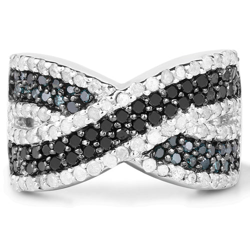 Anillo de plata de ley .925 con diamante azul, blanco y negro auténtico de 1,57 quilates