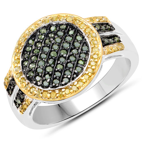 Anillo de plata de ley .925 con diamante verde y diamante amarillo auténticos de 0,44 quilates