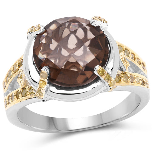 Anillo de plata de ley .925 con cuarzo ahumado genuino de 3.28 quilates y diamante amarillo