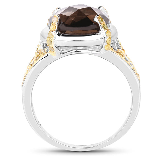 Anillo de plata de ley .925 con cuarzo ahumado genuino de 3.28 quilates y diamante amarillo
