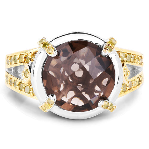 Anillo de plata de ley .925 con cuarzo ahumado genuino de 3.28 quilates y diamante amarillo